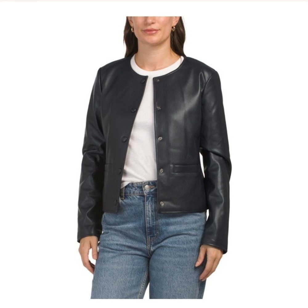 $375 Elie Tahari Women's Faux Leather Crew Neck Button‎ Down Jacket size Medium